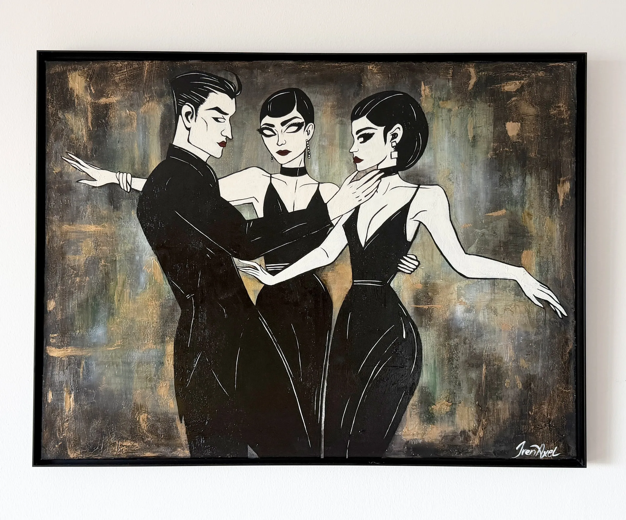 Framed in a black floater frame: three figures in black evening wear dancing close, on a textured gold and grey ground